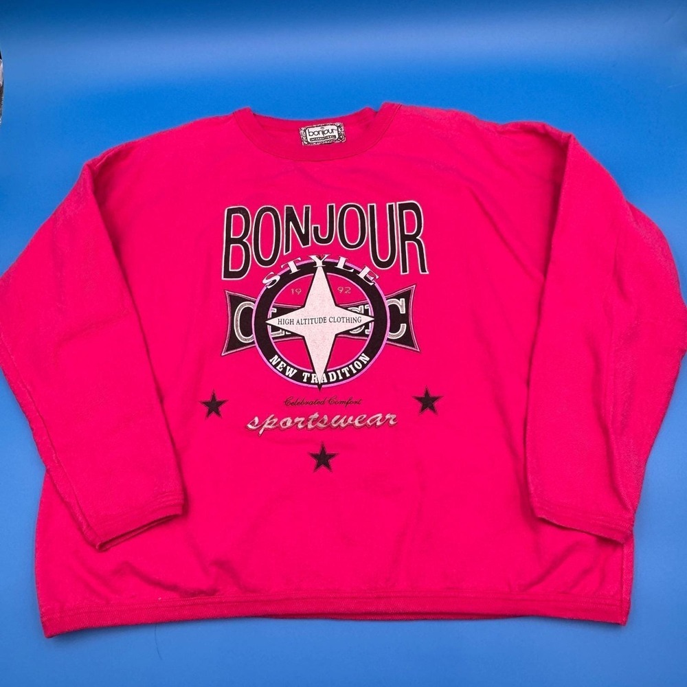 Vintage 90s Bonjour International Sweatshirt Crewneck Graphic One Size‎ Y2K OS